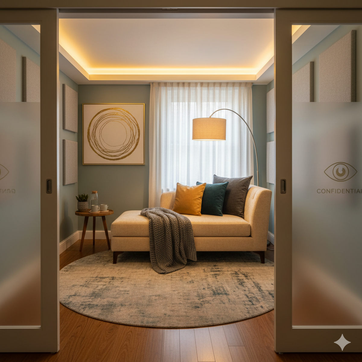 Inviting hypnotherapy room with cozy private space