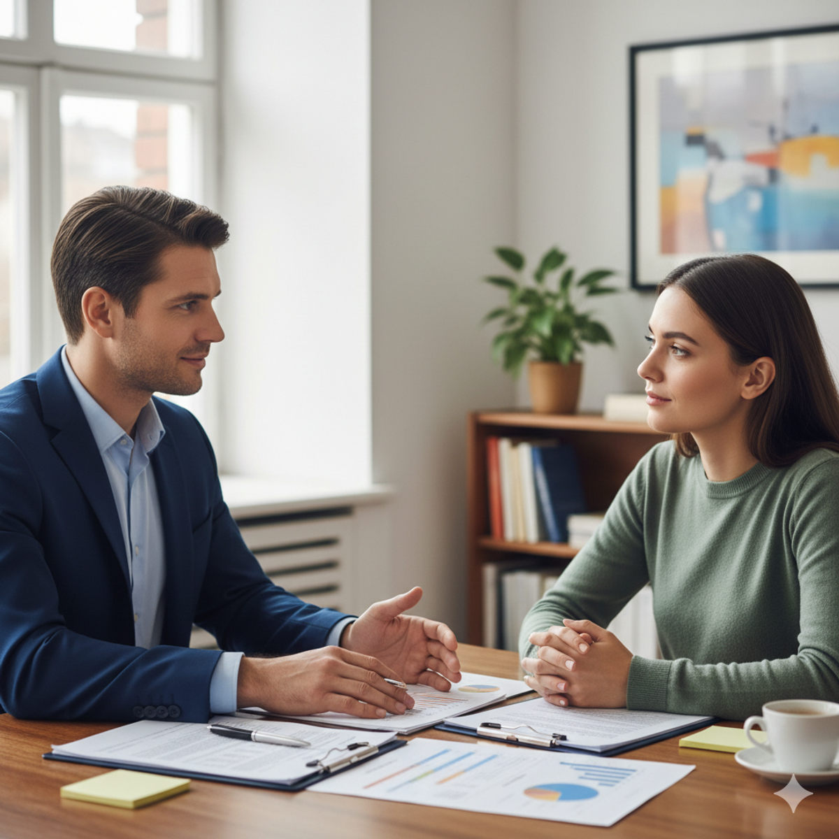 Therapist and client in discussion with calm atmosphere and documents