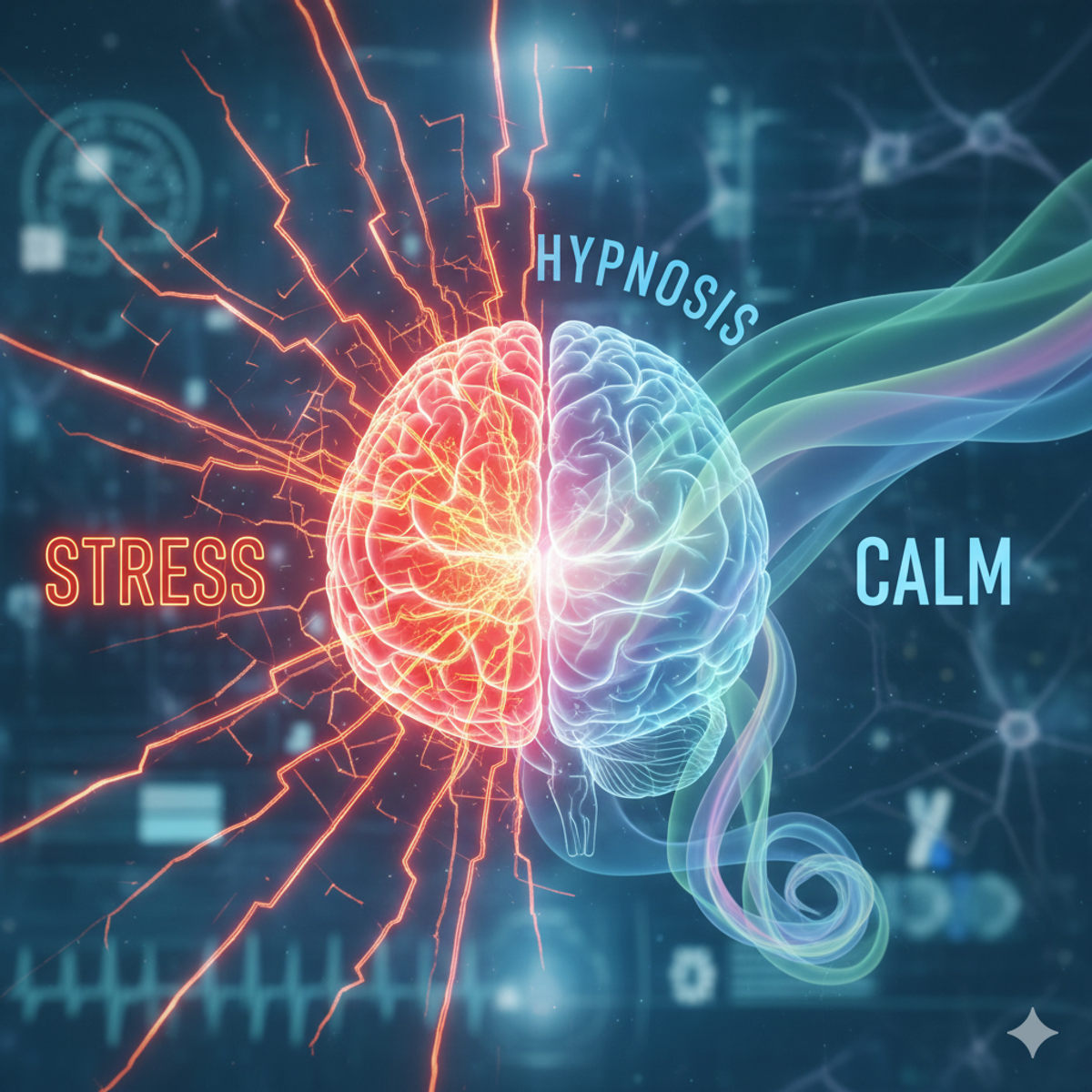 Cerveau passant du stress au calme grâce à l'hypnose