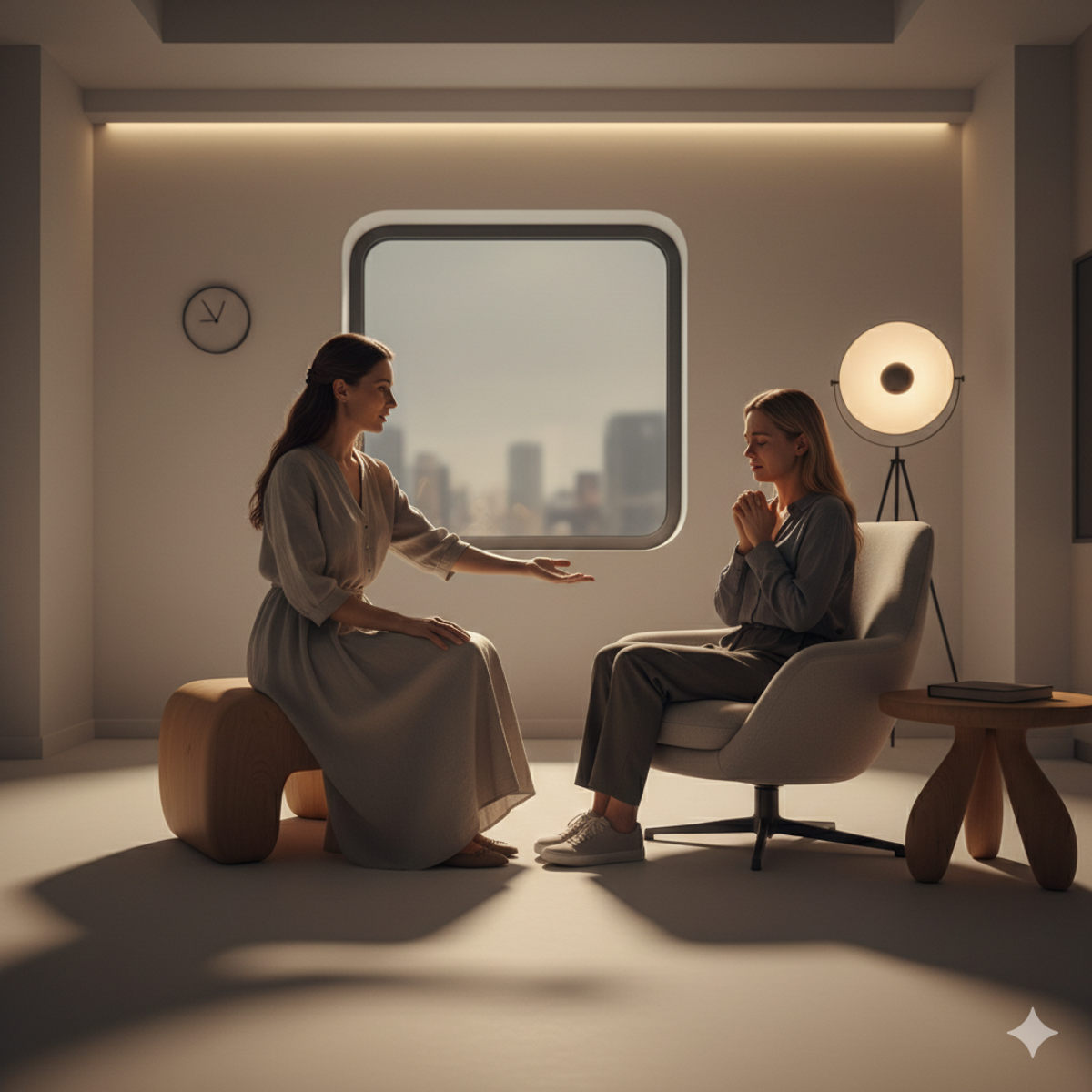 Séance d'hypnose dans une salle de thérapie minimaliste