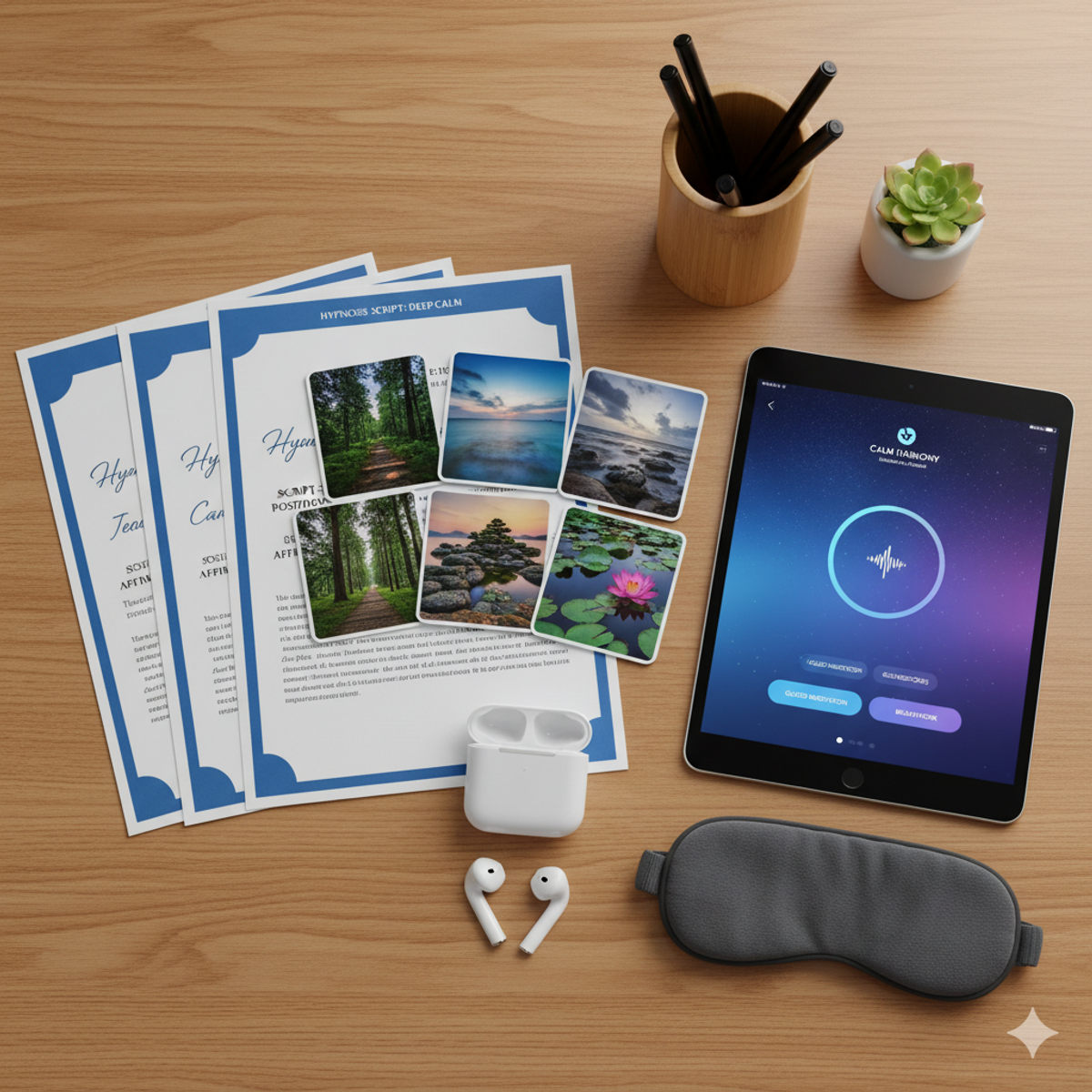 Trousse d'hypnose à plat montrant des ressources thérapeutiques sur un bureau
