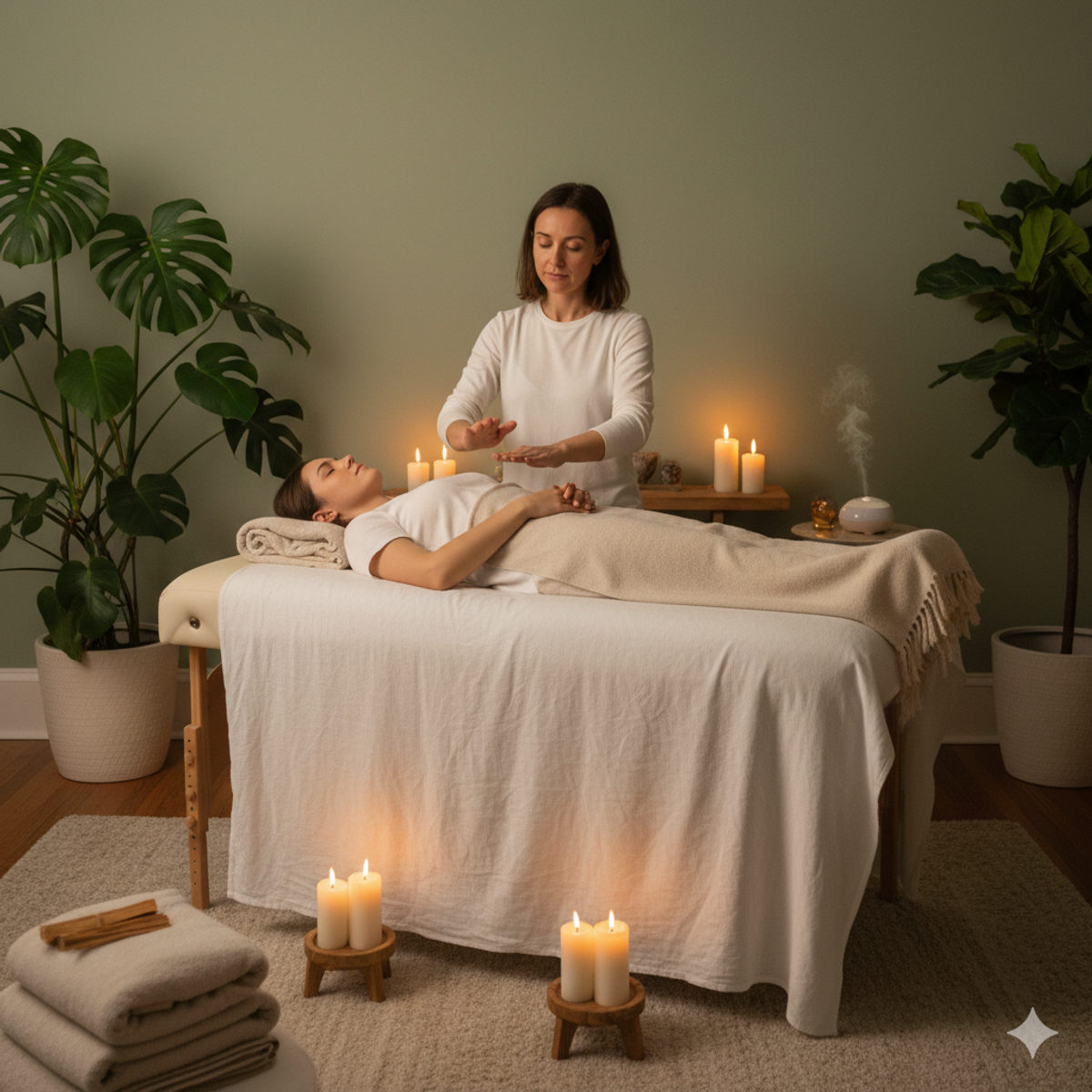 Reiki healing massage table in peaceful atmosphere