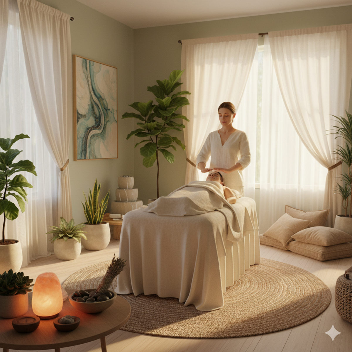 Reiki practitioner in therapy room demonstrating holistic healing