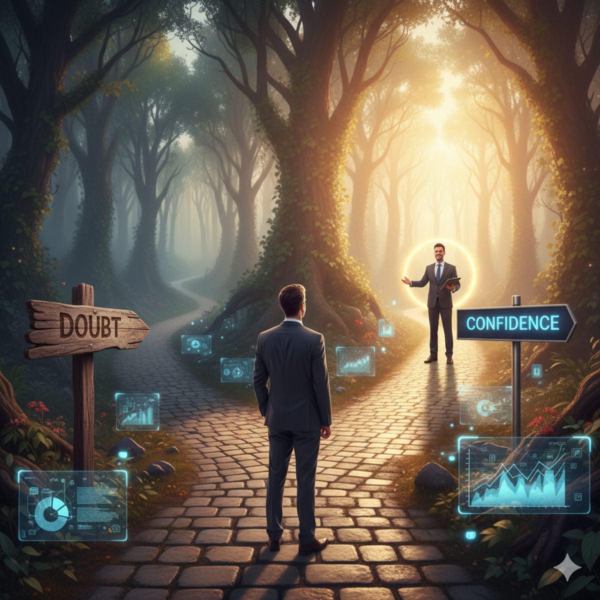 Hypnotherapy decision path: confidence vs doubt with professional guidance
