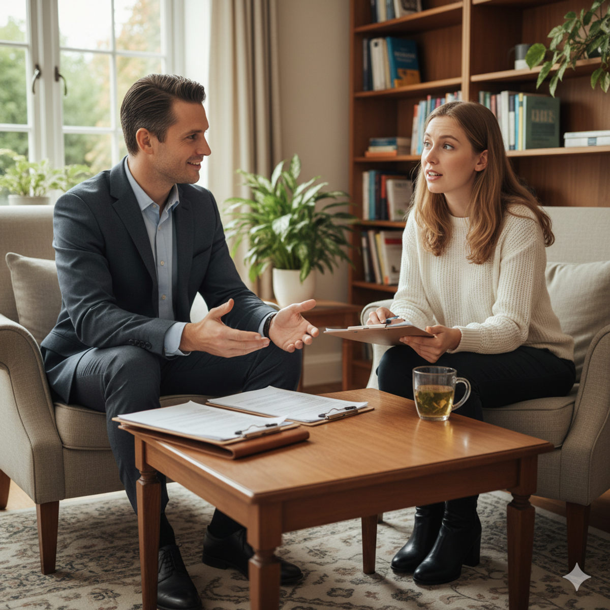 Initial consultation in a cozy office: client and hypnotherapist discussion