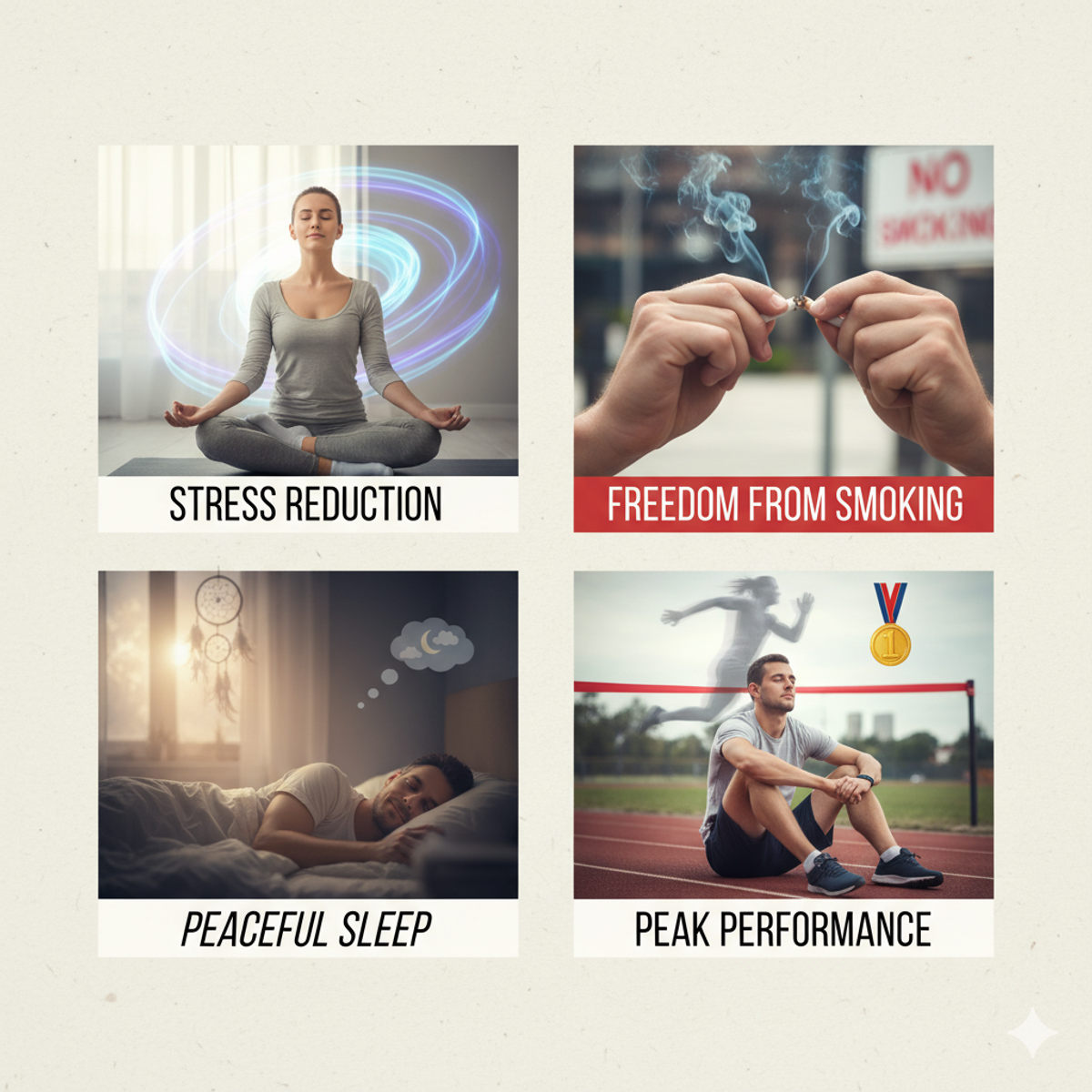 Hypnotherapy applications: stress relief, smoking cessation, sleep improvement, and performance support