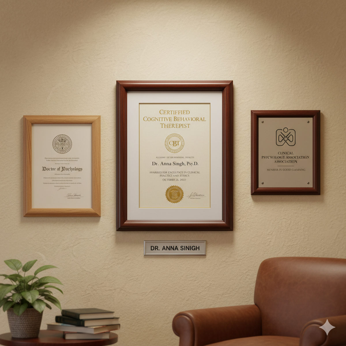 Therapy office wall with certificates and professional credentials