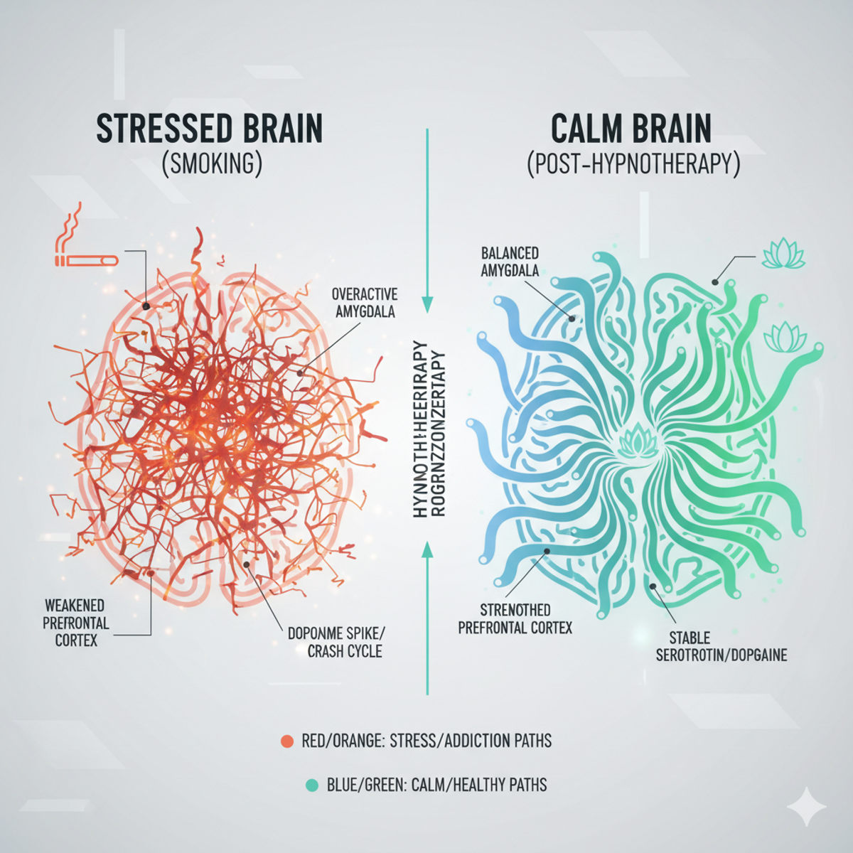 Brain scan comparison showing stress reduction post-hypnotherapy