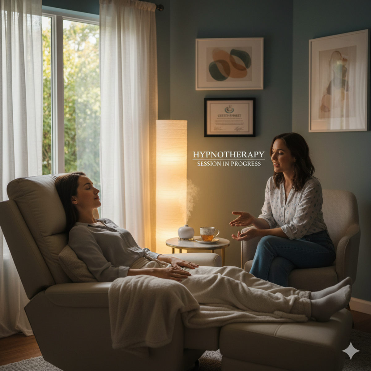 Calm hypnotherapy session with relaxation atmosphere
