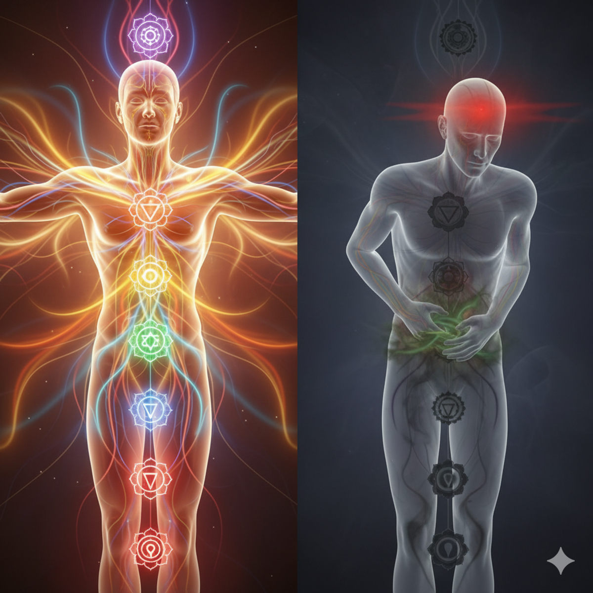 Comparison of aligned versus blocked chakra flow and its health impact