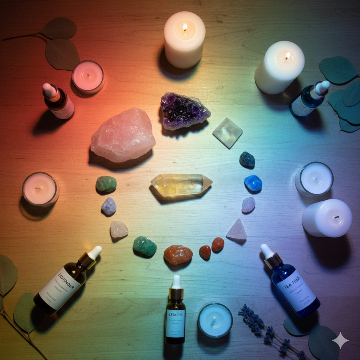 Chakra crystals and essential oils in ambient flat lay arrangement