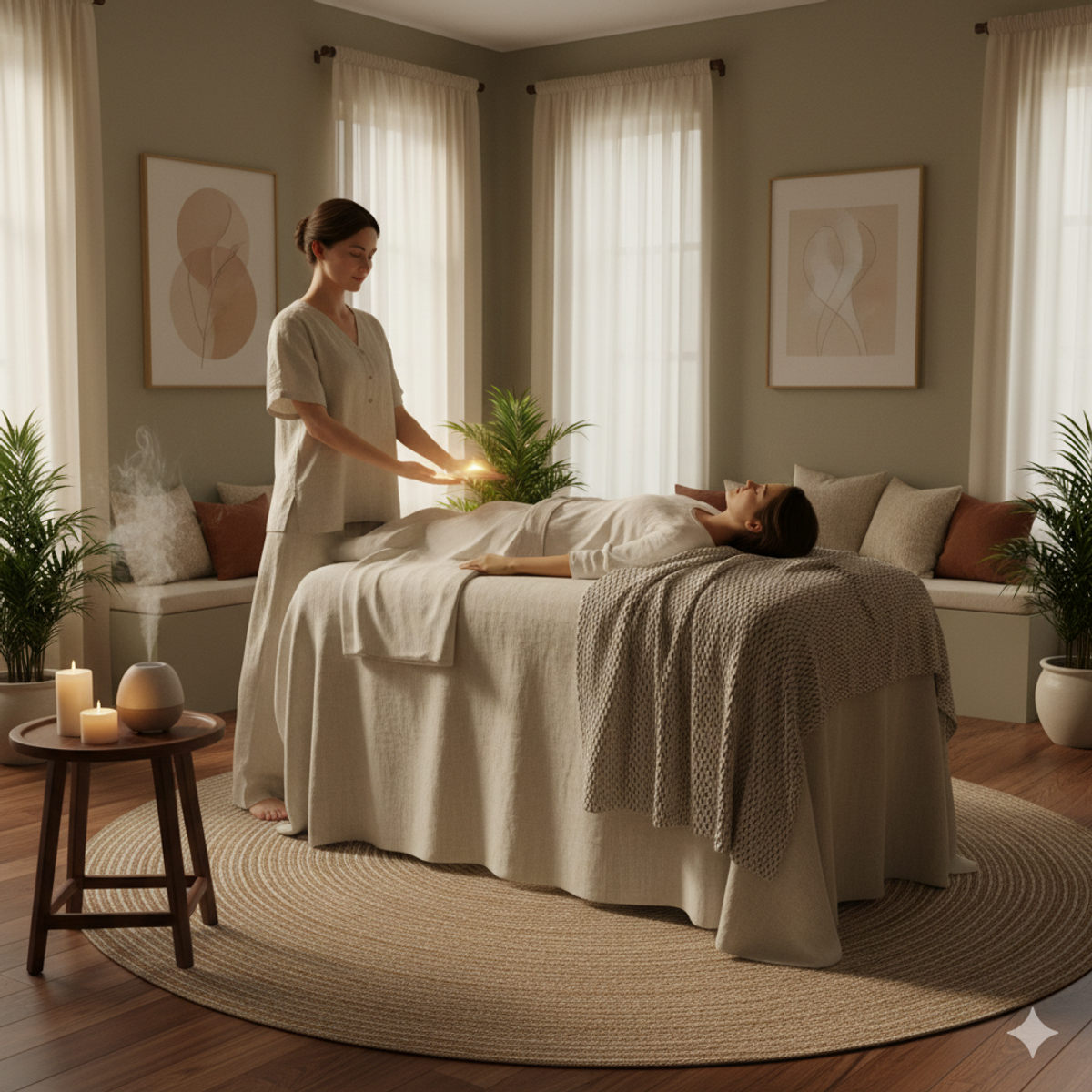 Modern Reiki studio interior with practitioner and recipient