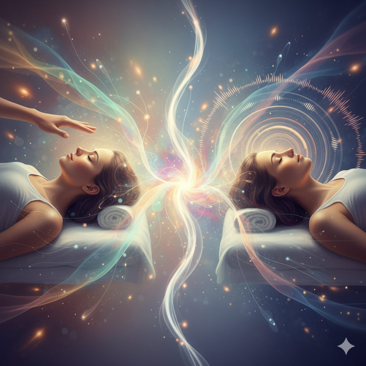 Reiki vs hypnosis split view with brainwave and energy healing visualization