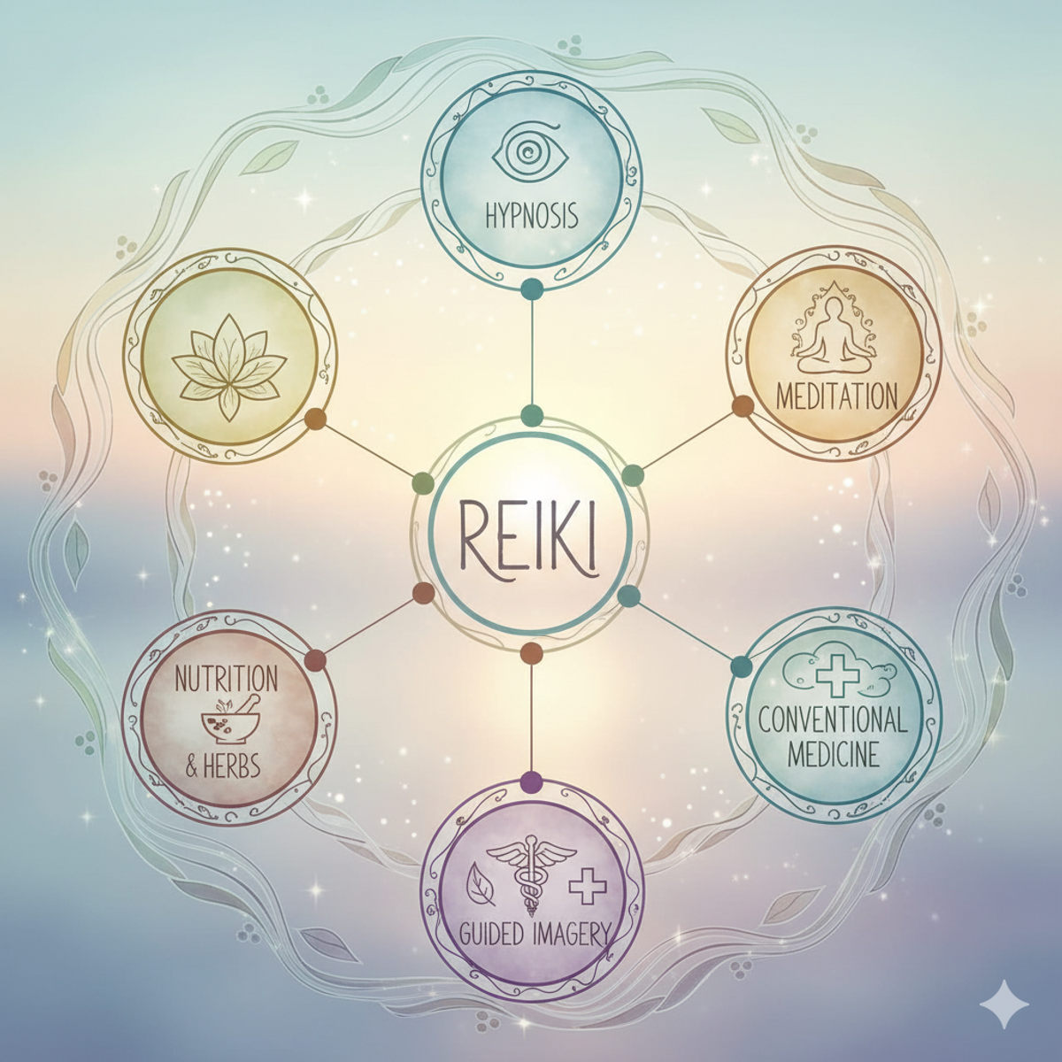 Holistic therapy circle diagram with Reiki and modalities