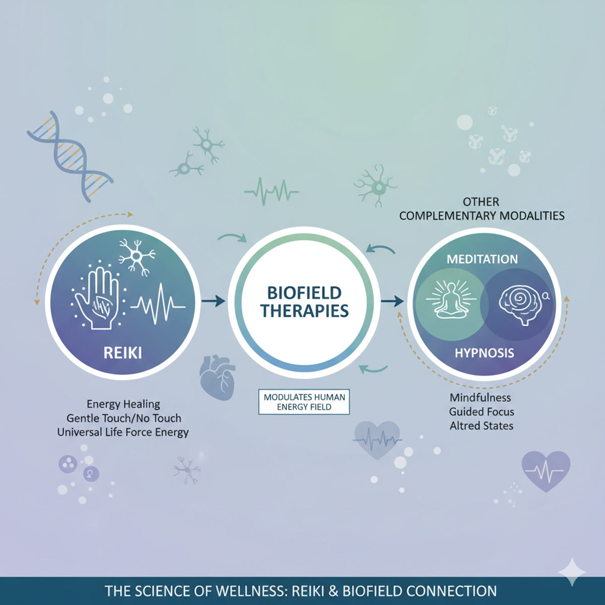 Reiki biofield therapy infographic with scientific elements