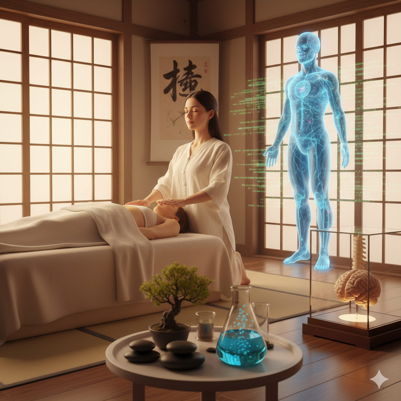 Reiki practitioner with modern scientific symbolism (header image)