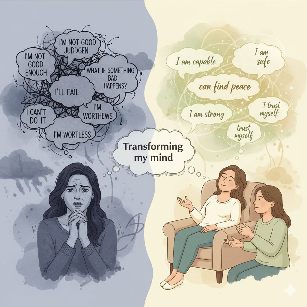 Illustration anxiété vs calme (bulles de pensée)