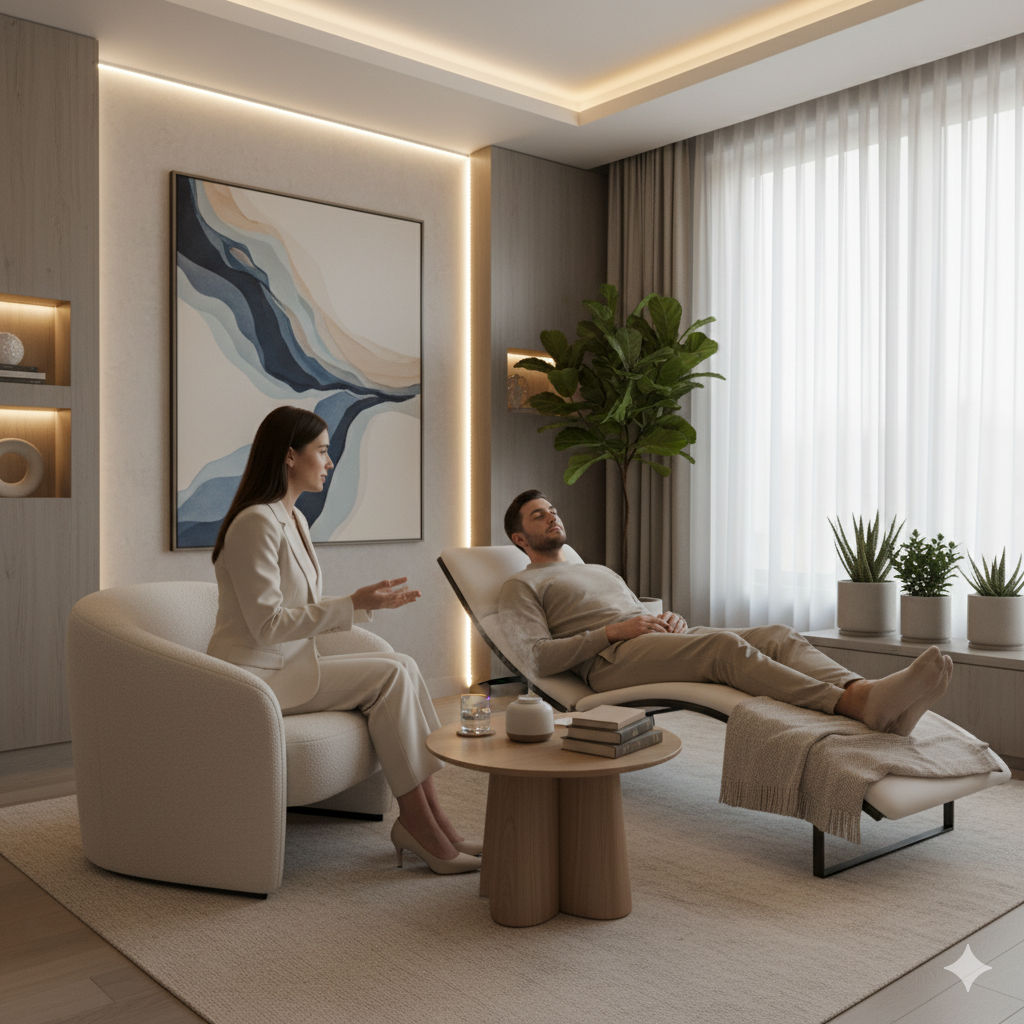 Séance d'hypnothérapie moderne dans une salle apaisante (image d'en-tête)