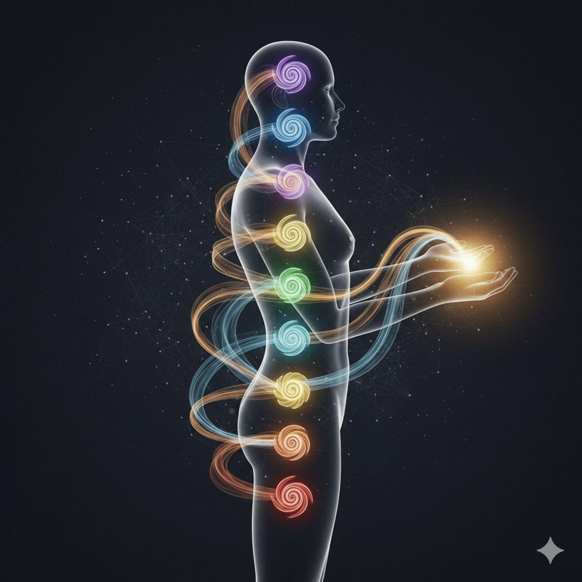 Reiki energy flow and chakra visualization through the body