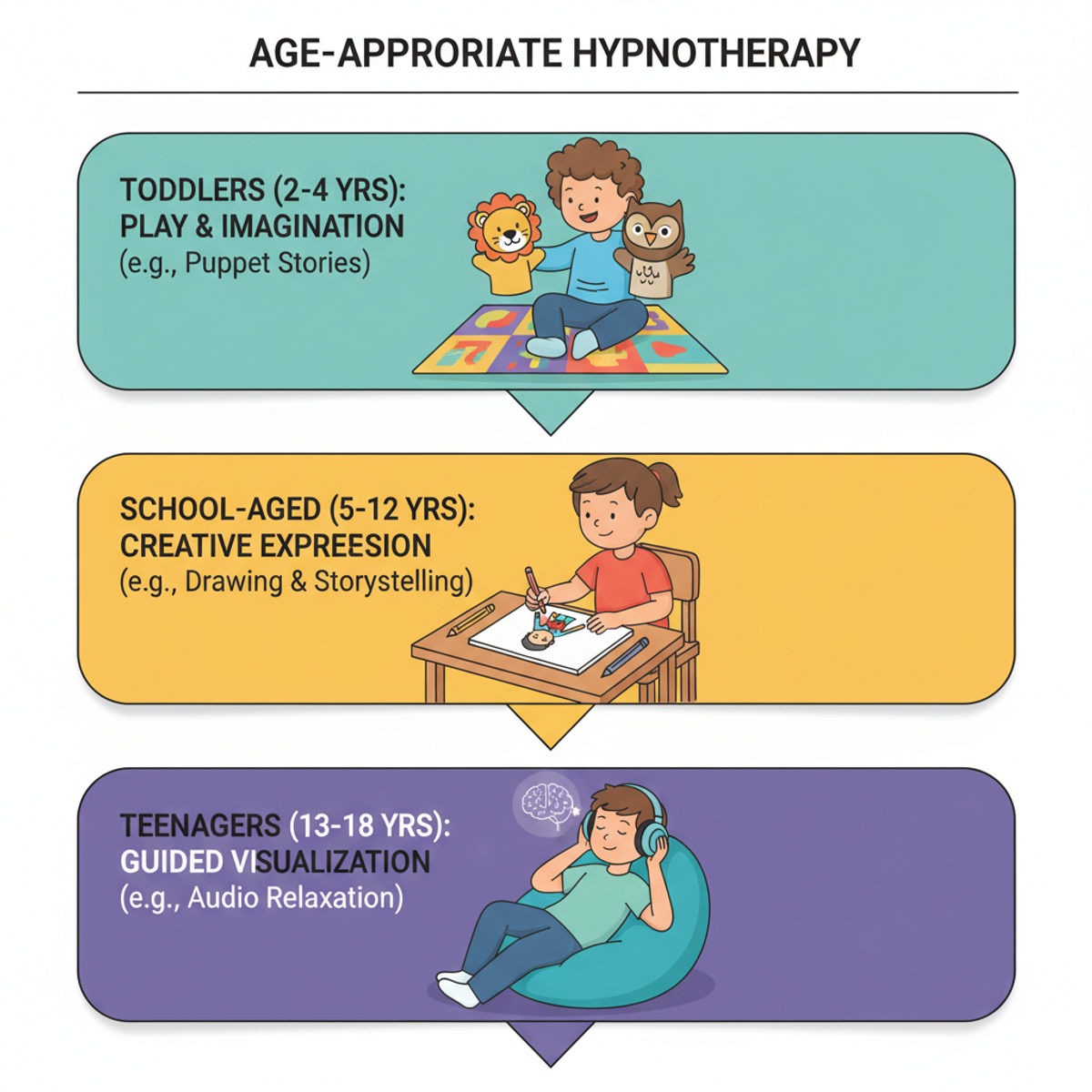 Age-appropriate hypnotherapy methods infographic