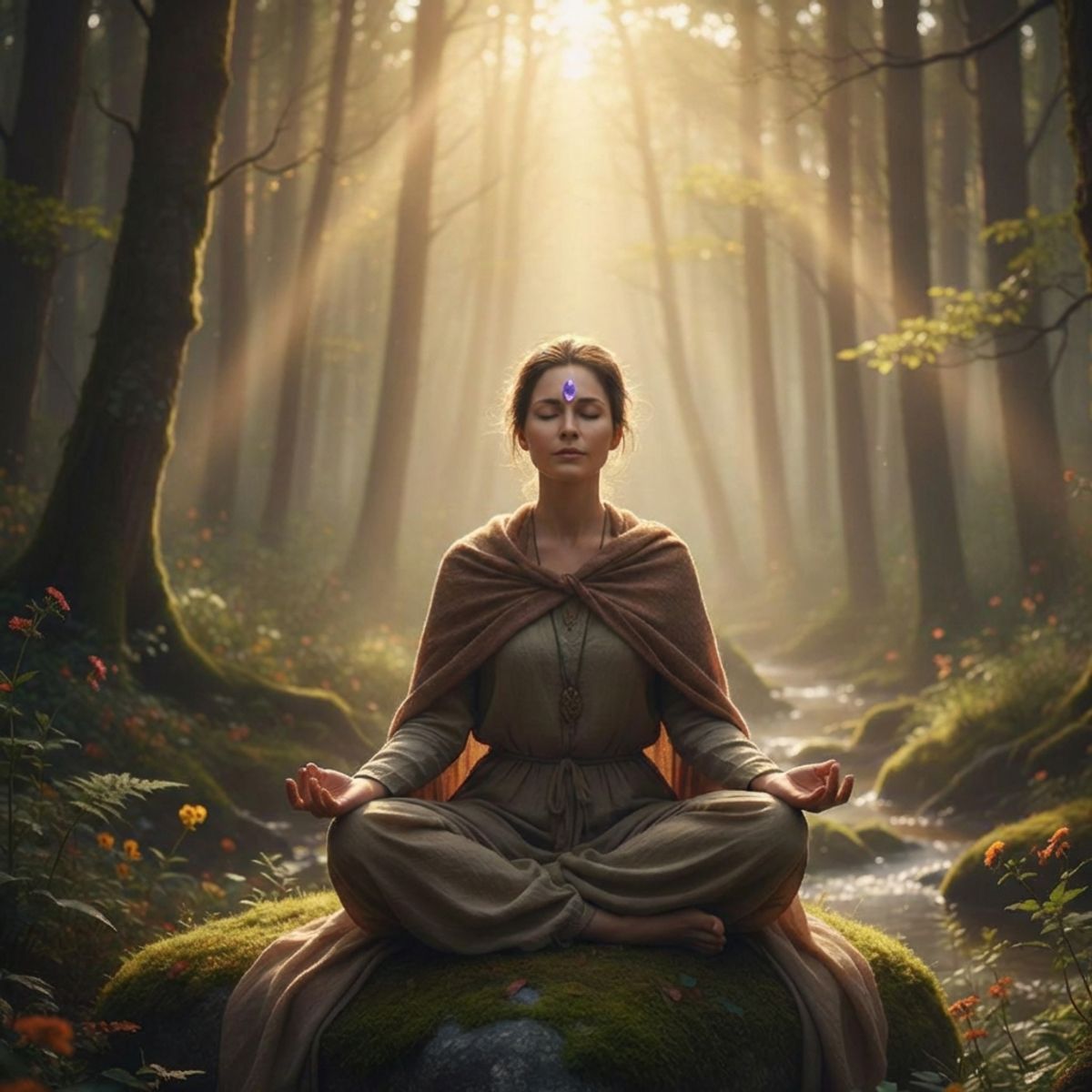 Méditation avec fluorite positionnée sur le chakra du troisième œil
