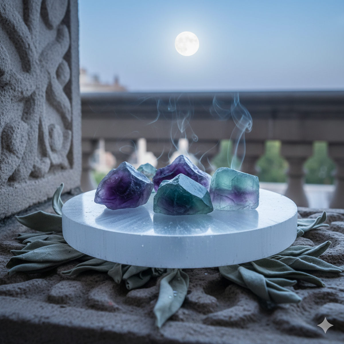 Cristaux de fluorite sur plateau de purification avec sauge et sélénite sous lumière lunaire
