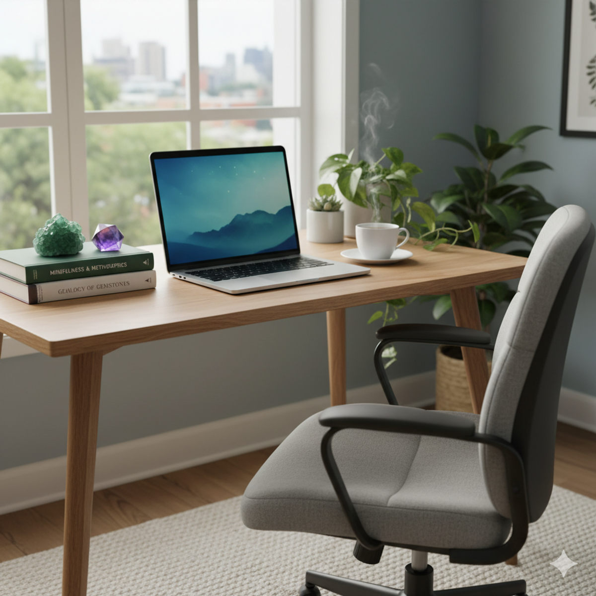 Espace de travail moderne avec cristaux de fluorite pour améliorer la concentration