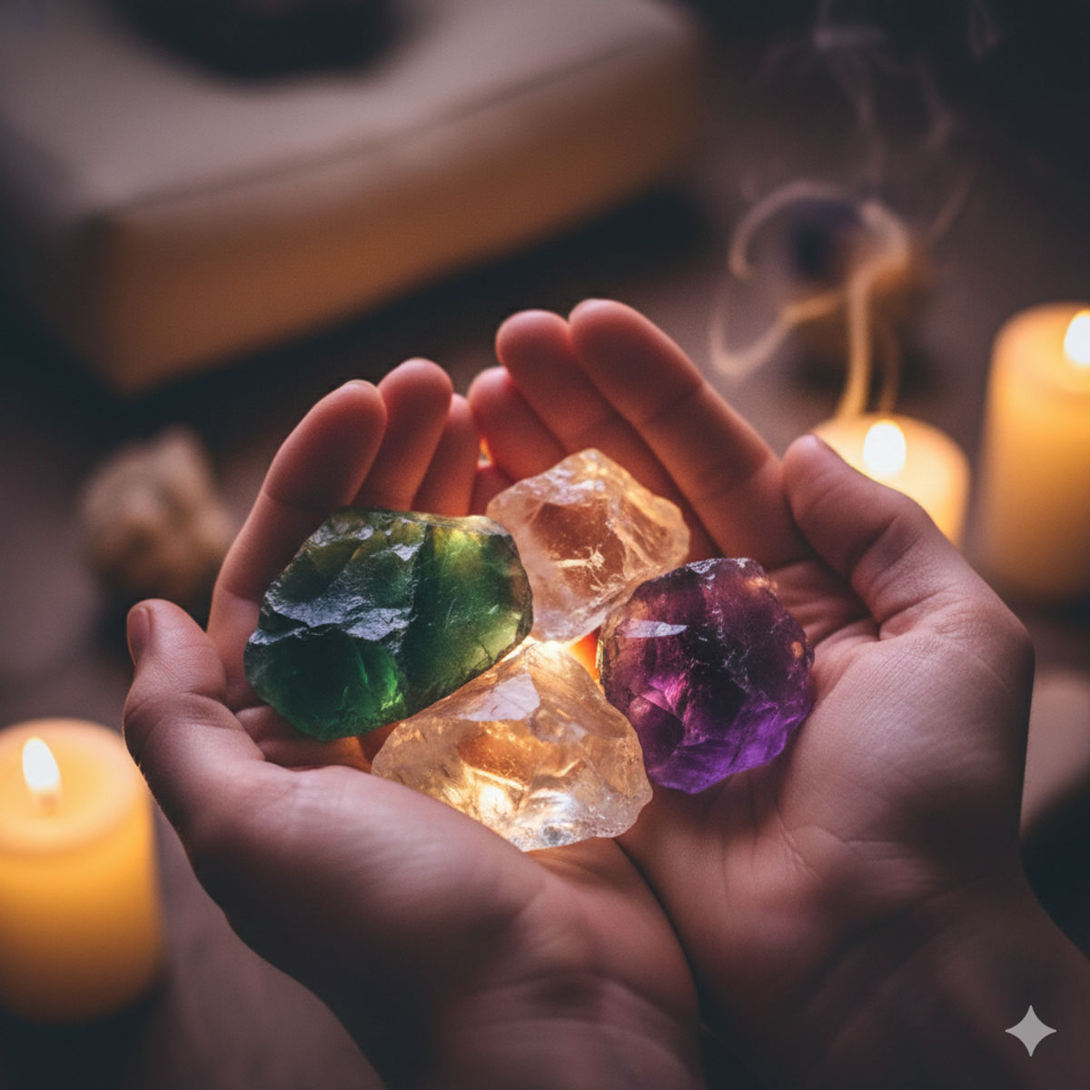 Mains tenant des cristaux de fluorite multicolores en méditation