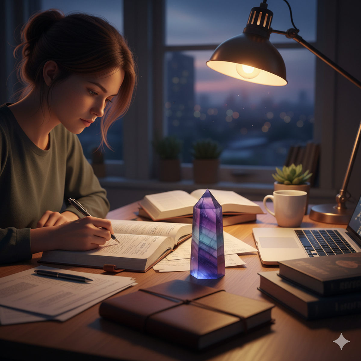 Étudiant concentré avec fluorite sur bureau pendant session d'étude