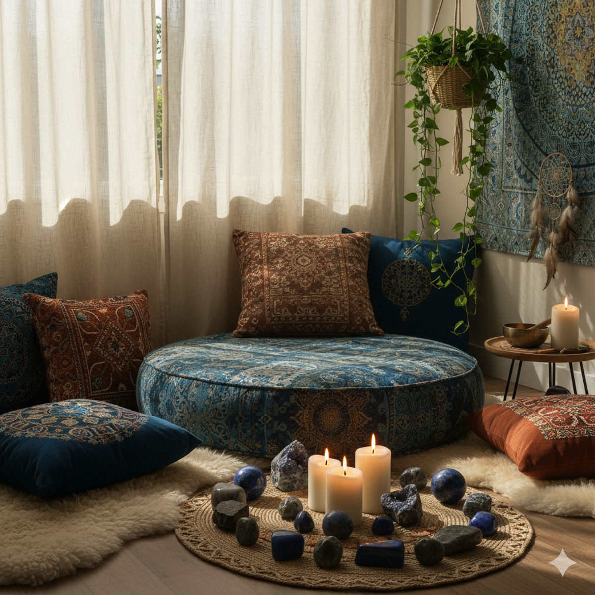 Espace de méditation avec lapis lazuli pour développer la sagesse et la communication