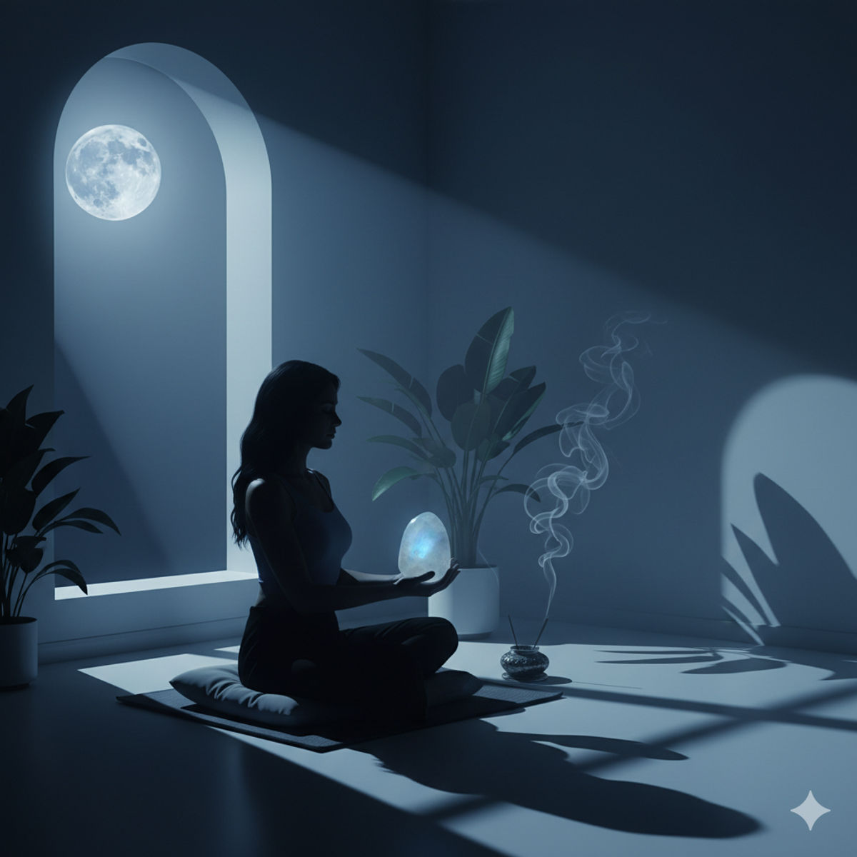 Méditation nocturne avec pierre de lune sous la lumière de la lune