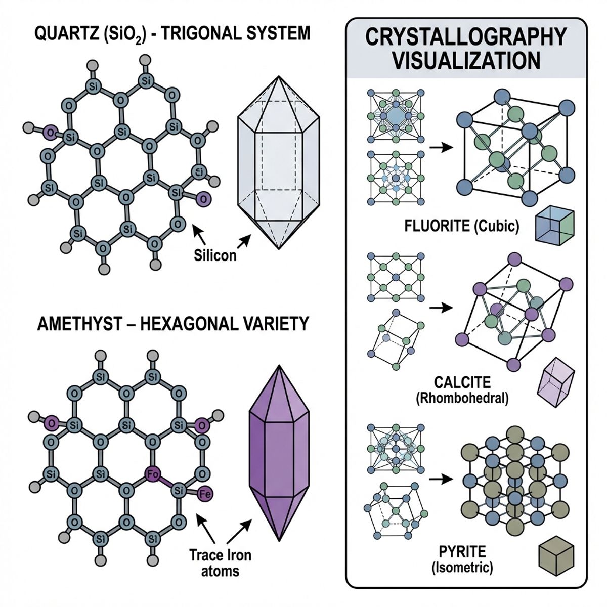 Structures cristallines de minéraux utilisés en lithothérapie scientifique