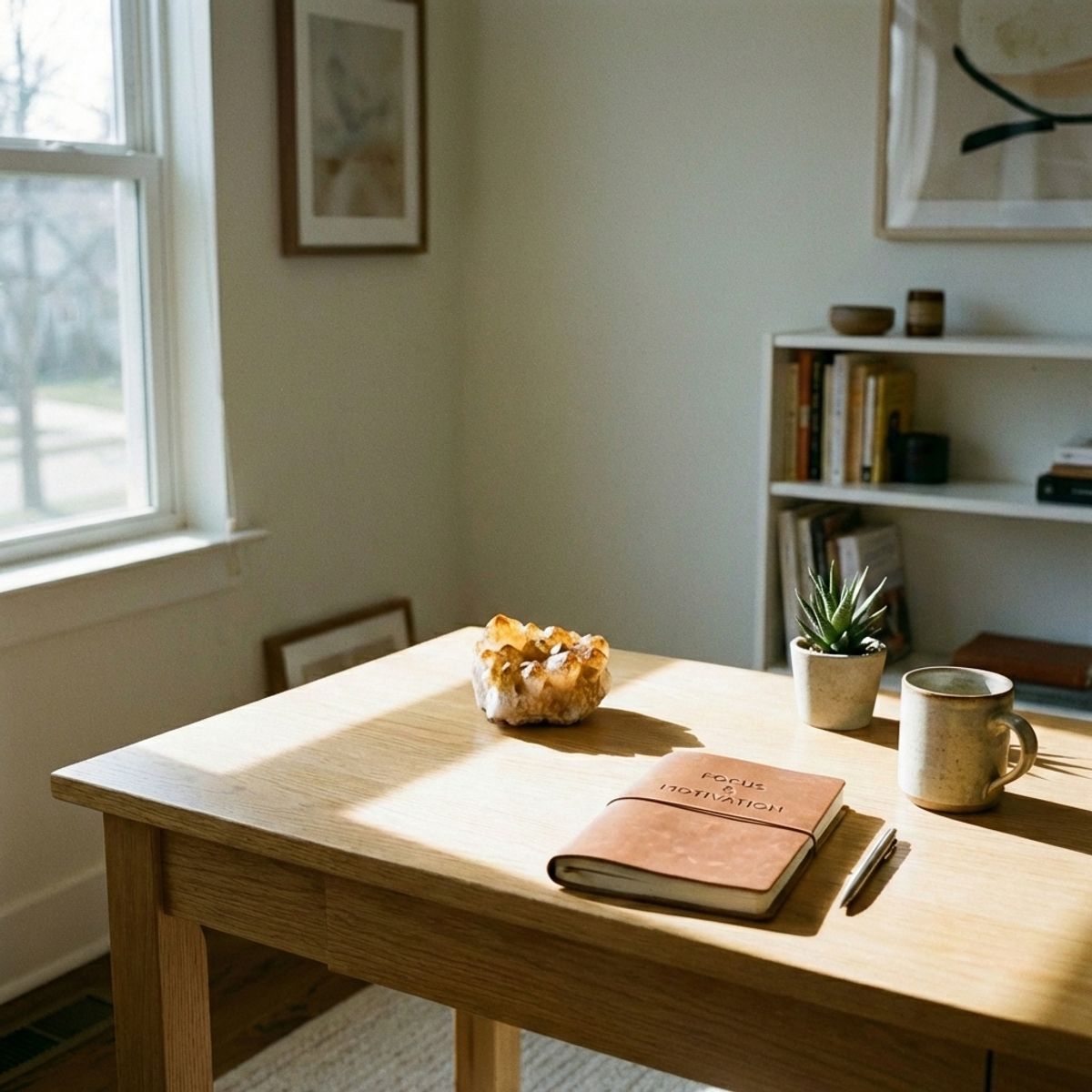 Citrine dorée positionnée sur bureau professionnel, pierre travail pour la motivation
