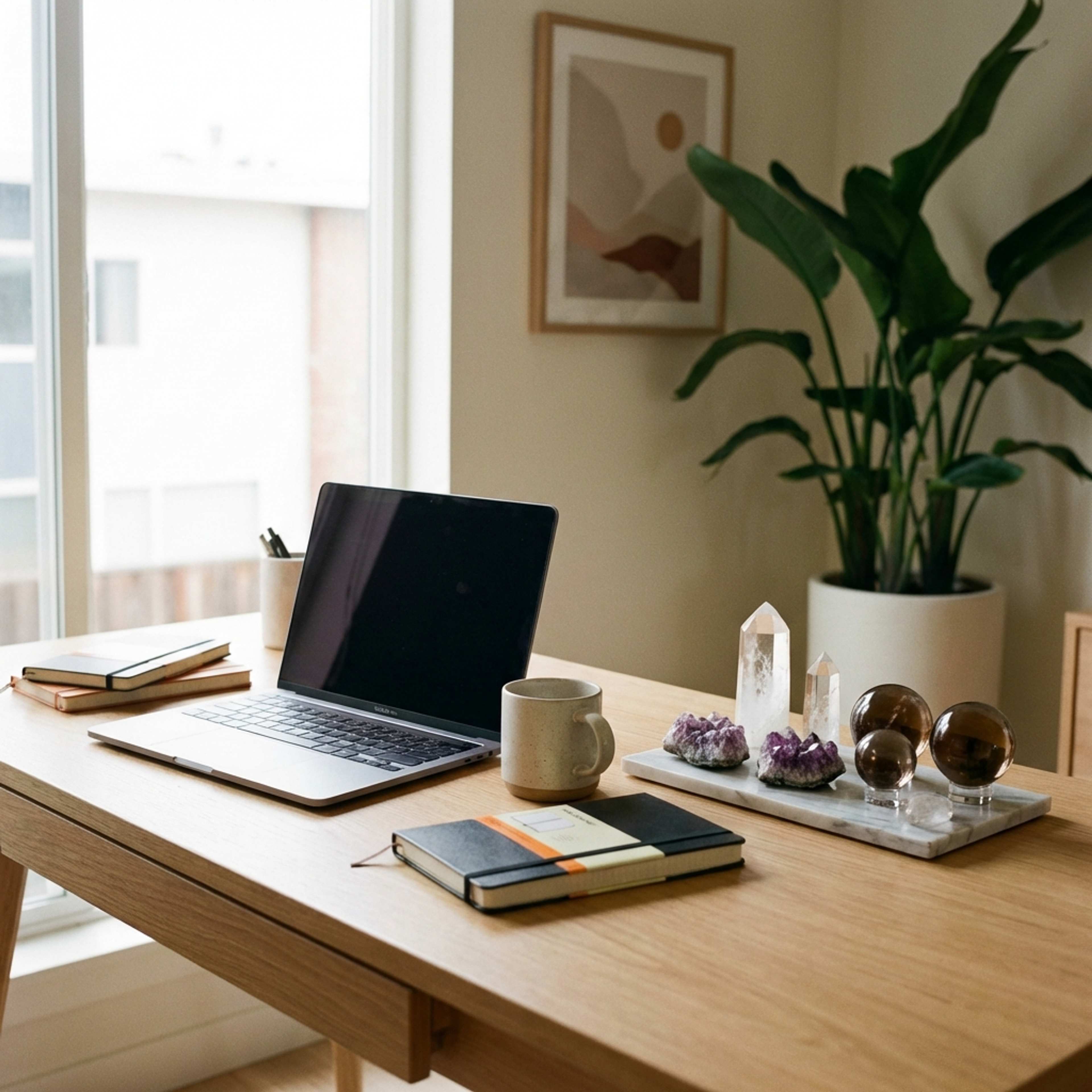 Cristaux bureau disposés harmonieusement sur un espace de travail moderne avec pierres travail
