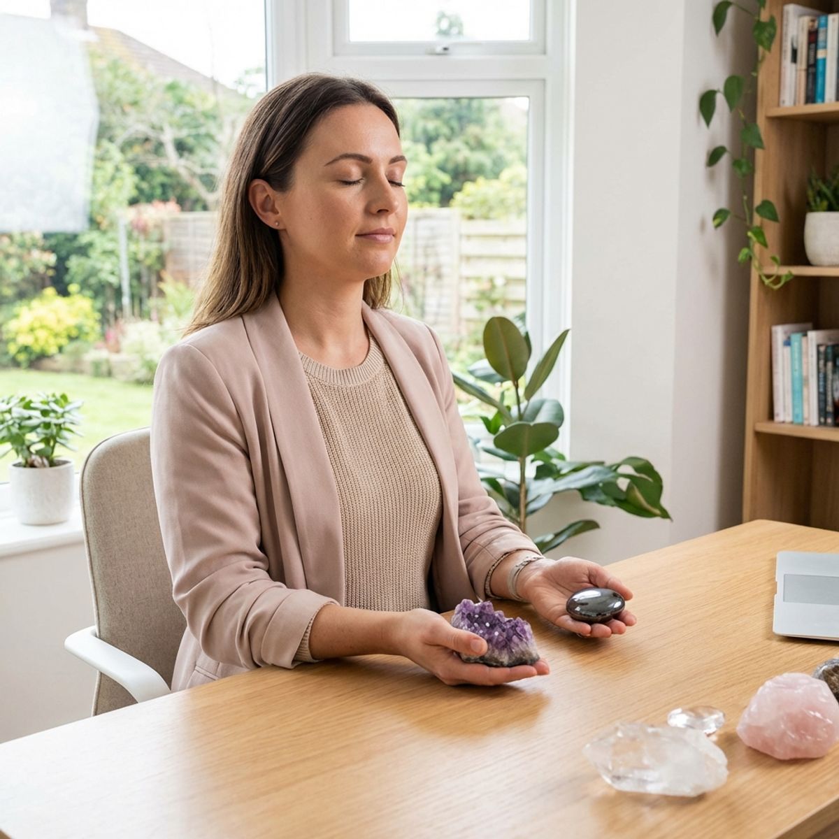 Méditation courte avec pierres travail dans bureau pendant pause professionnelle