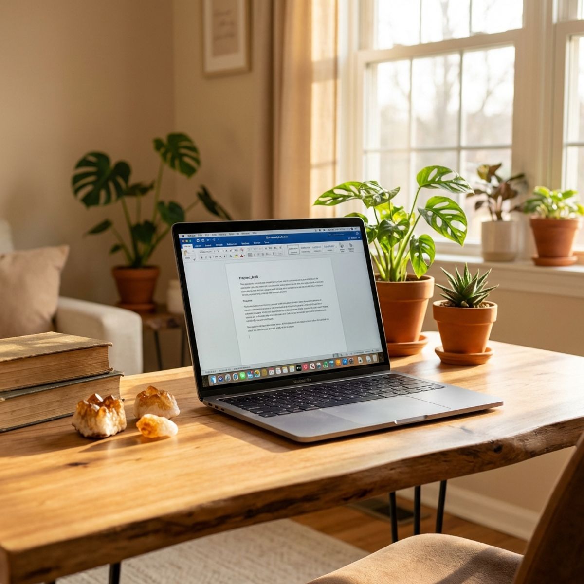 Sélection de cristaux bureau incluant citrine, améthyste et quartz disposés près d'un ordinateur portable