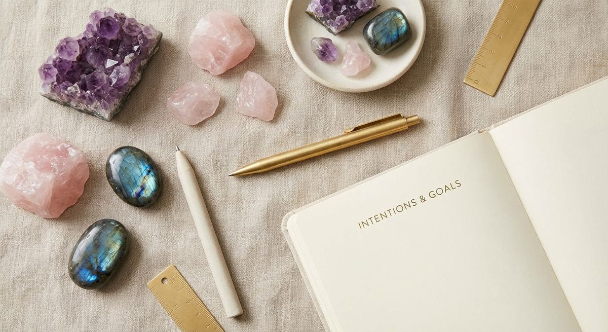 Collection de succès cristaux avec améthyste, quartz rose et labradorite pour accomplissement professionnel