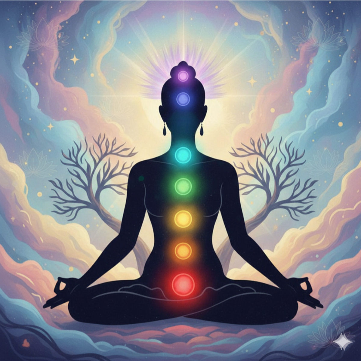 Représentation des sept chakras principaux sur une silhouette en méditation