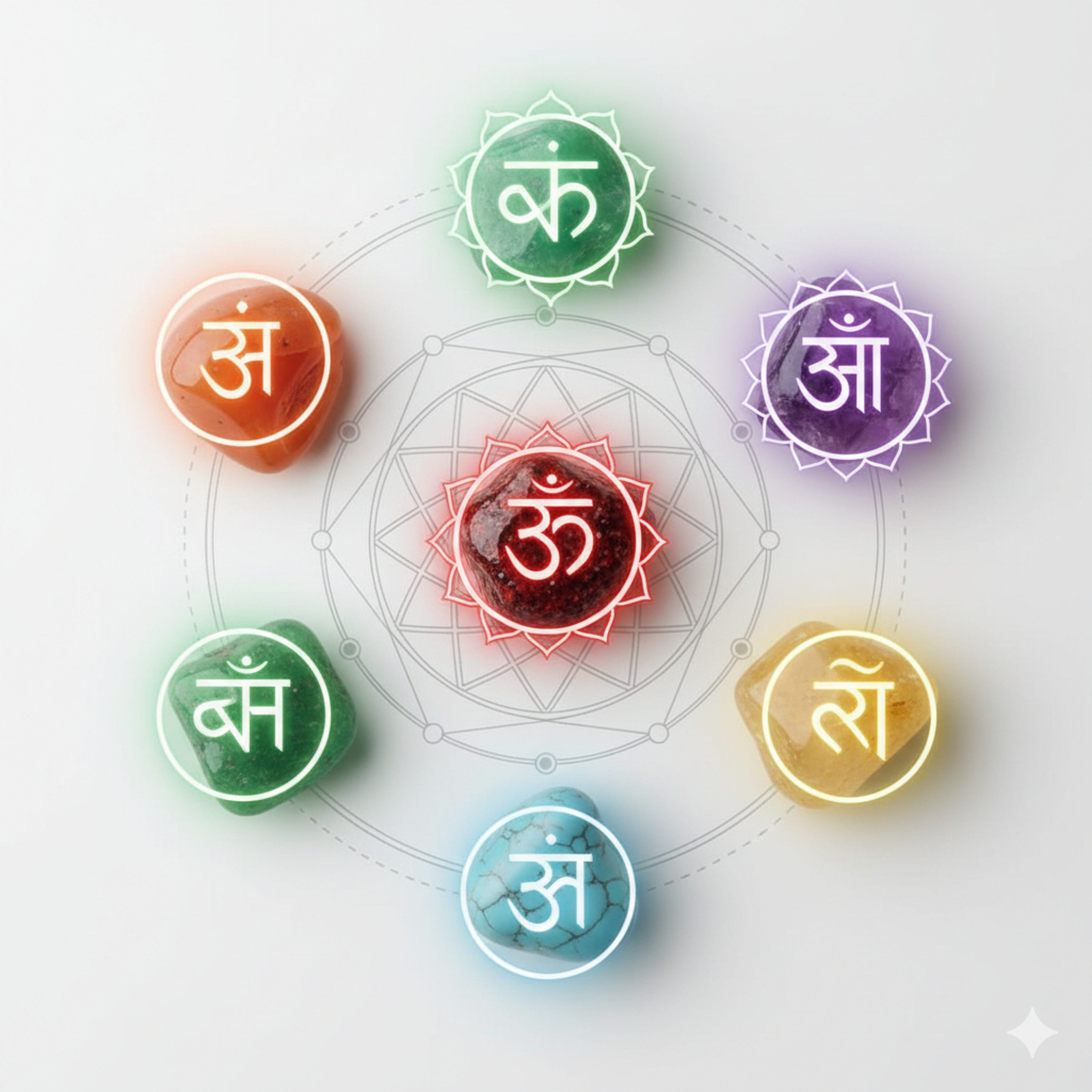 Pierres de lithothérapie colorées arrangées selon les couleurs des sept chakras