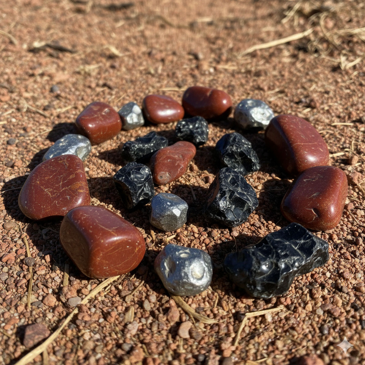 Jaspe rouge, hématite et obsidienne disposées pour l'ancrage du chakra racine