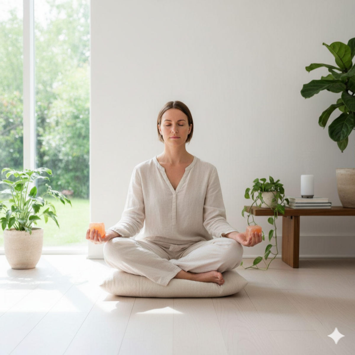 Séance de méditation avec pierre de soleil dans un espace lumineux et serein