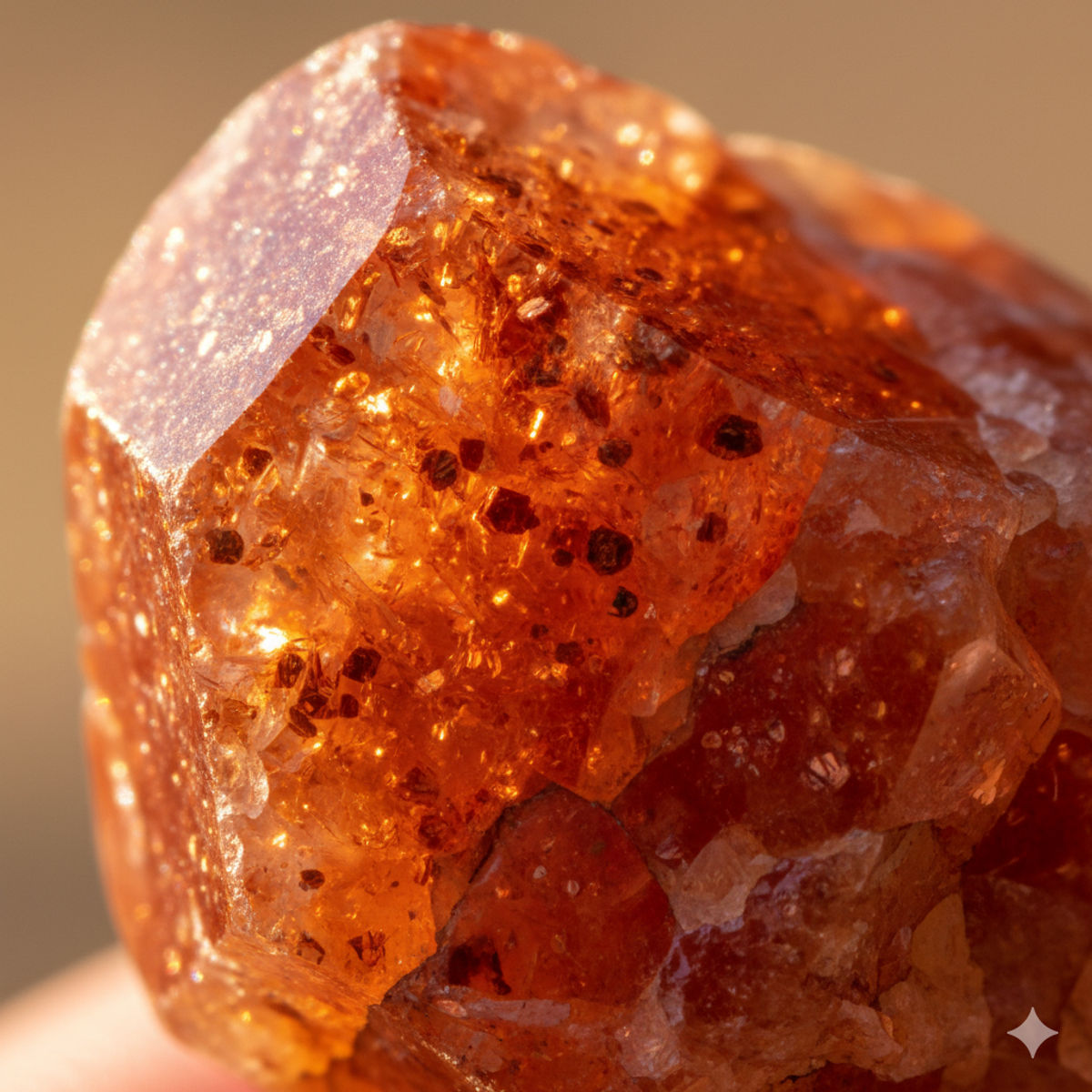 Structure cristalline détaillée d'une pierre de soleil avec inclusions cuivrées visibles