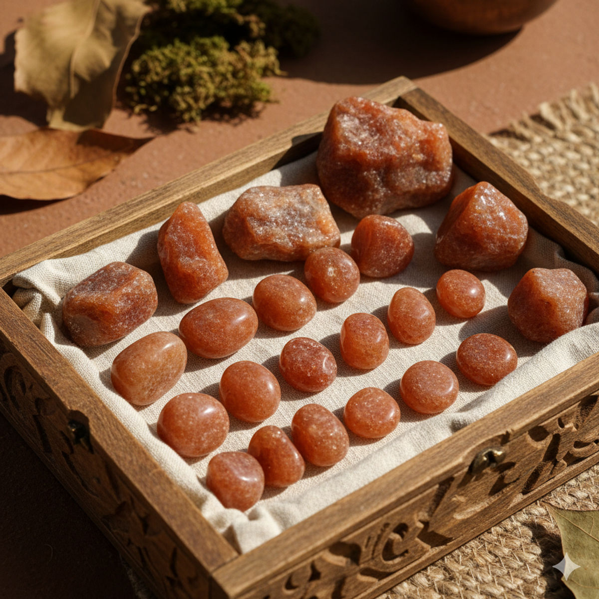 Collection de pierres de soleil soigneusement conservées dans coffret en bois naturel