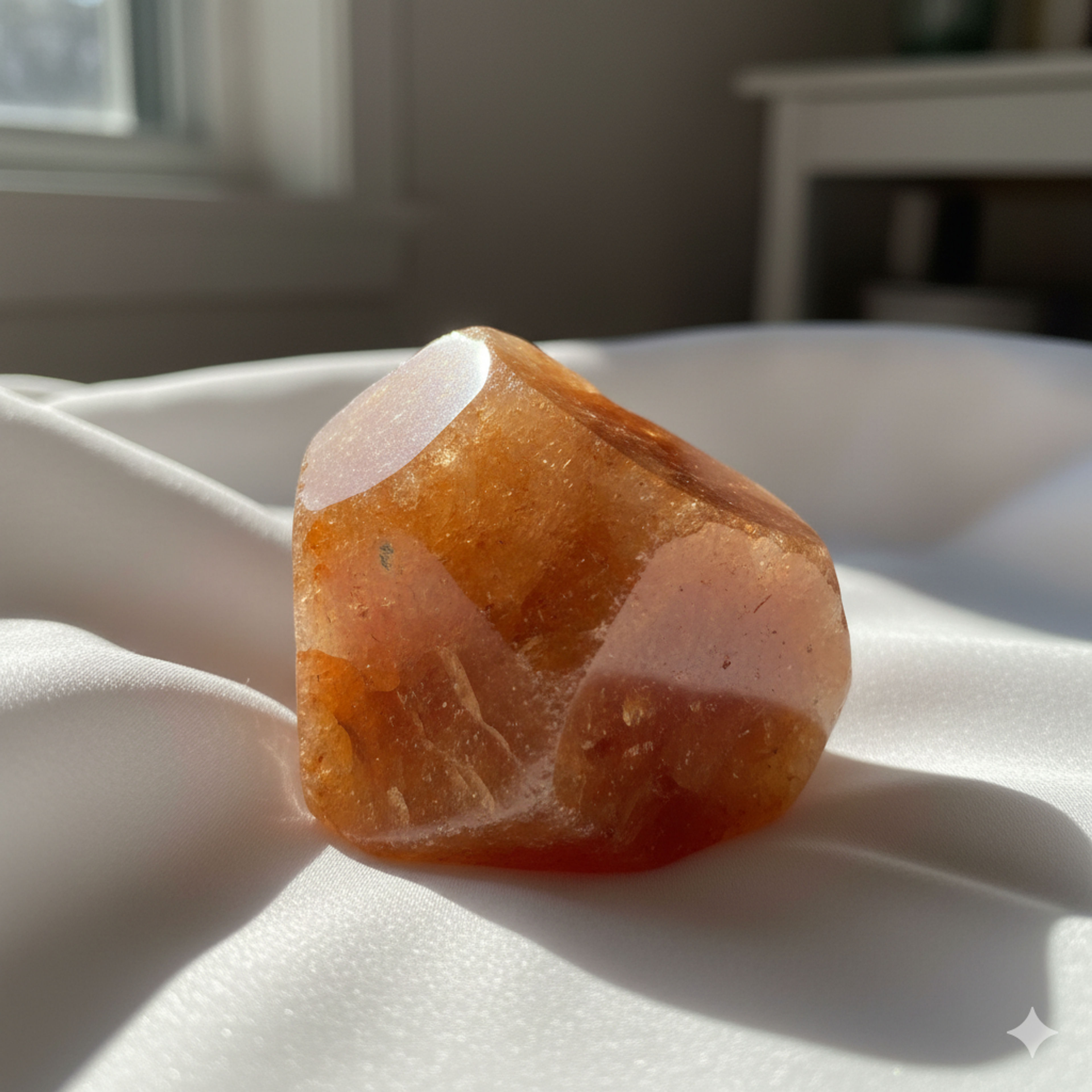 Pierre de soleil orange scintillante illuminée par la lumière naturelle