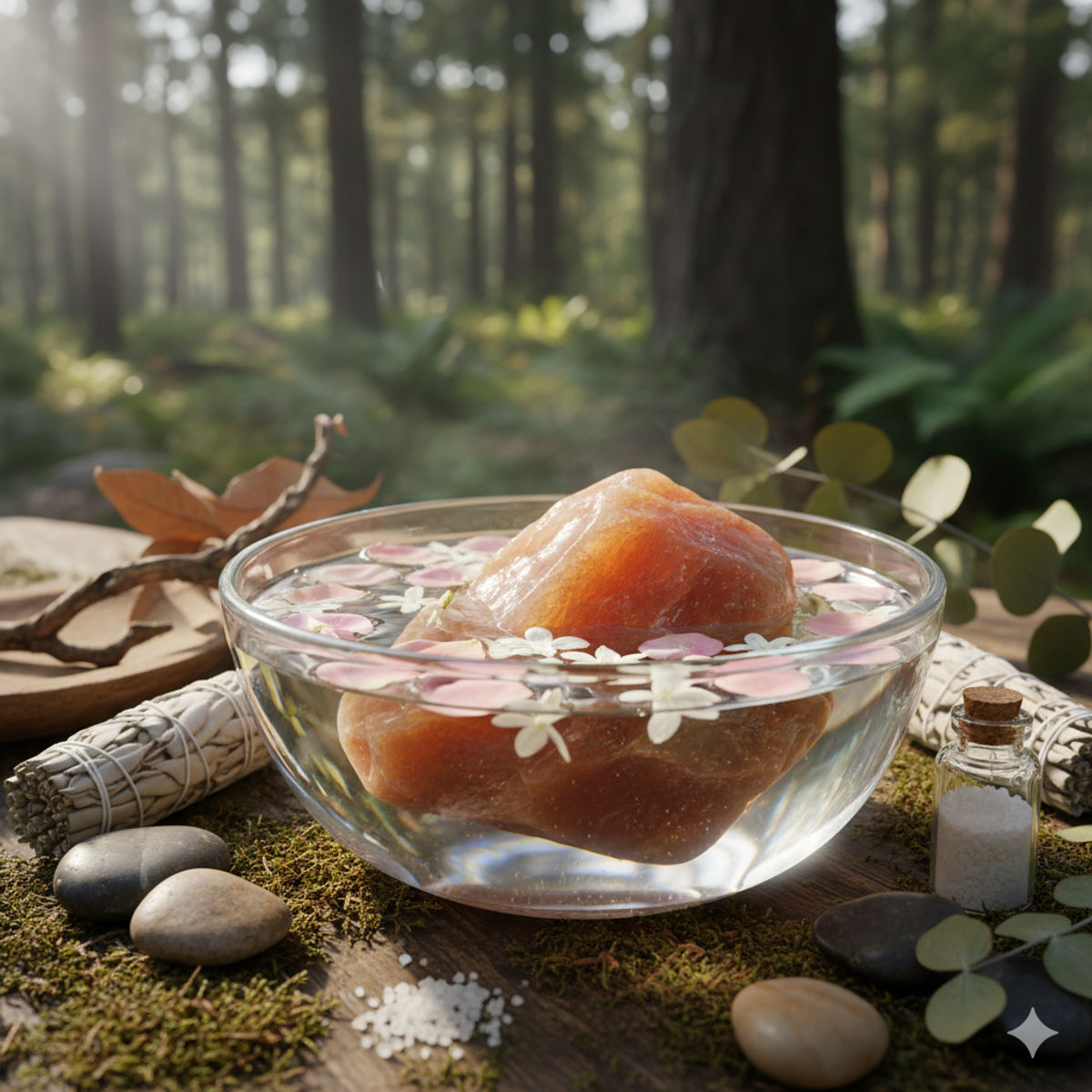 Rituel de purification d'une pierre de soleil dans eau claire avec éléments naturels