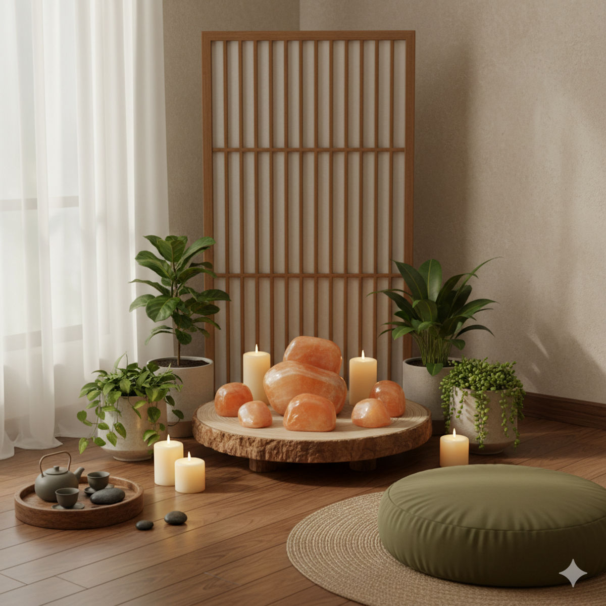 Arrangement harmonieux de pierres de soleil dans un espace de méditation naturel