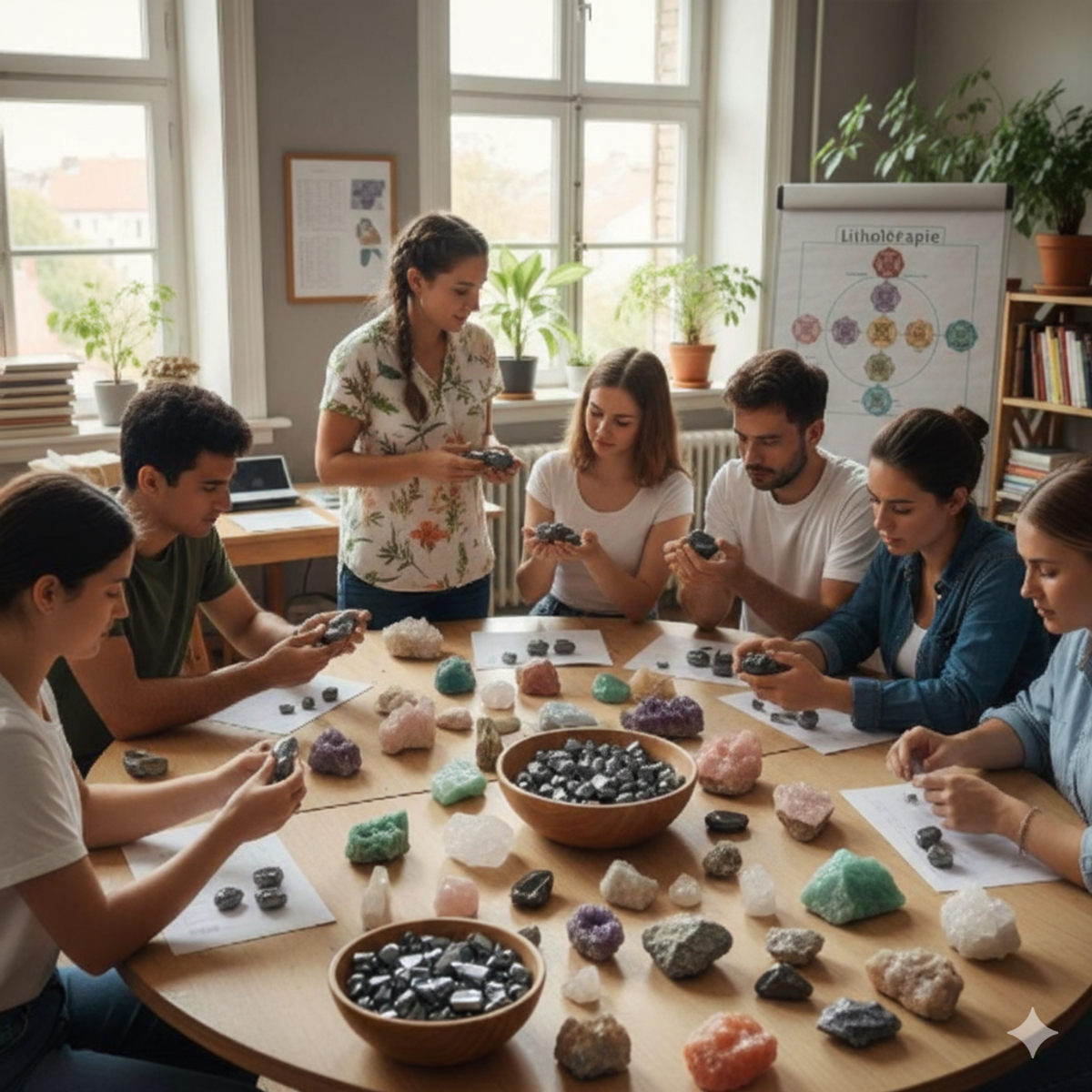 Formation en lithothérapie avec manipulation d'hématite et autres pierres