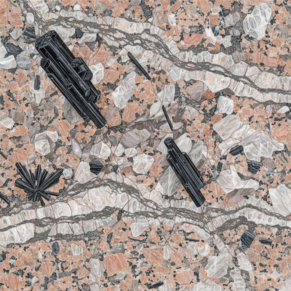 Formation géologique tourmaline noire dans roche granitique cristaux naturels