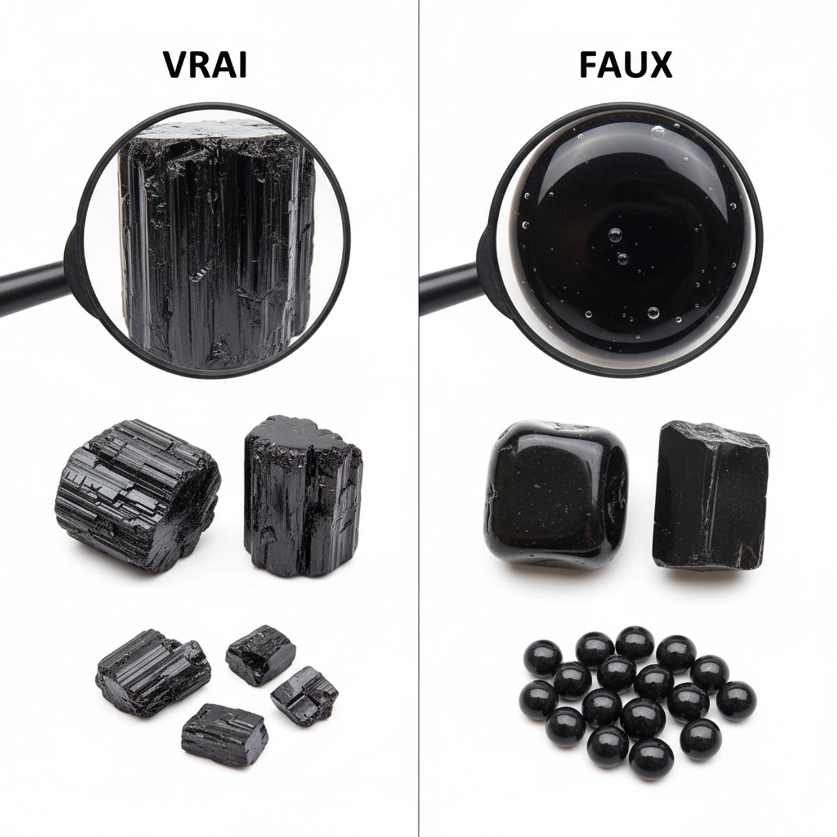 Comparaison tourmaline noire authentique fausse identification qualité cristaux