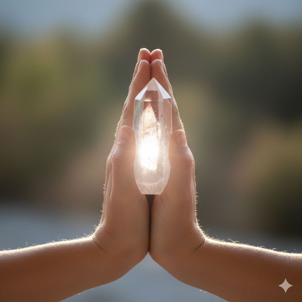 Position des mains tenant un quartz clair pendant la méditation